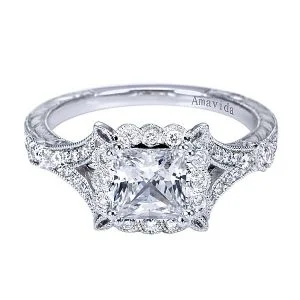 Vintage Platinum Princess Cut Halo Diamond Engagement Ring