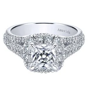 18k White Gold Amavida Cushion Cut Halo Diamond Engagement Ring