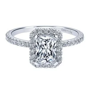 18k White Gold Emerald Cut Halo Diamond Engagement Ring