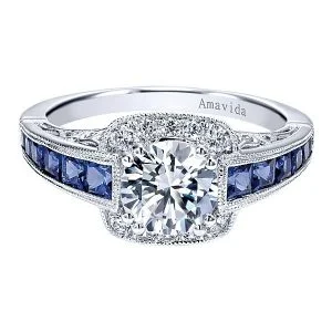Vintage 18k White Gold Round Halo Diamond A Quality Sapphire Engagement Ring