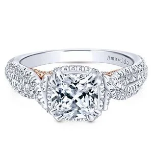 18k White/Rose Gold Cushion Cut Halo Diamond Engagement Ring