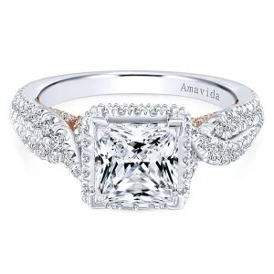 18k White/Rose Gold Princess Cut Halo Diamond Engagement Ring