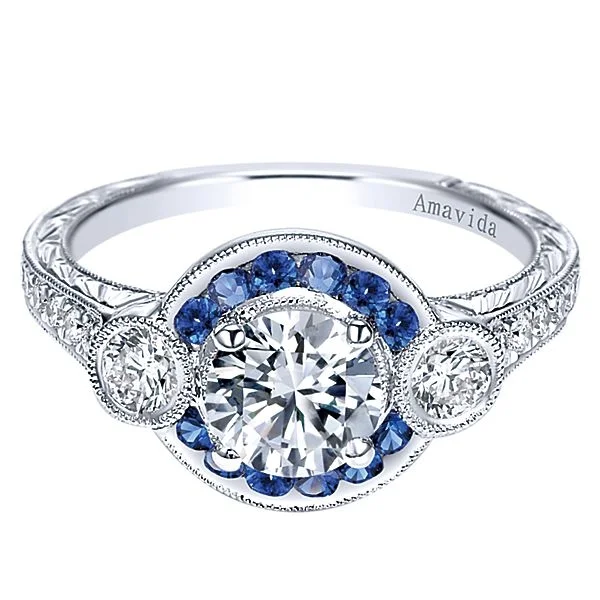 Vintage Platinum Round Halo Diamond A Quality Sapphire Engagement Ring