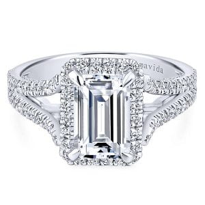 18k White Gold Emerald Cut Halo Diamond Engagement Ring