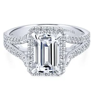 18k White Gold Emerald Cut Halo Diamond Engagement Ring