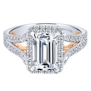 18k White/Rose Gold Emerald Cut Halo Diamond Engagement Ring