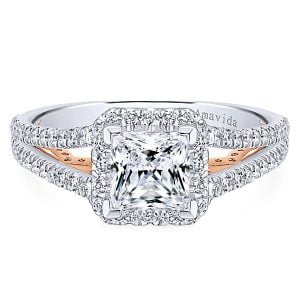 18k White/Rose Gold Princess Cut Halo Diamond Engagement Ring