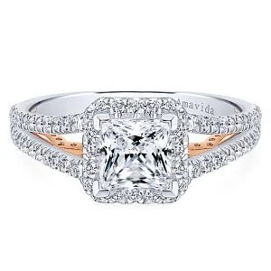 18k White/Rose Gold Princess Cut Halo Diamond Engagement Ring
