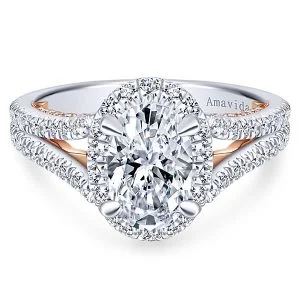 18k White/Rose Gold Oval Halo Diamond Engagement Ring