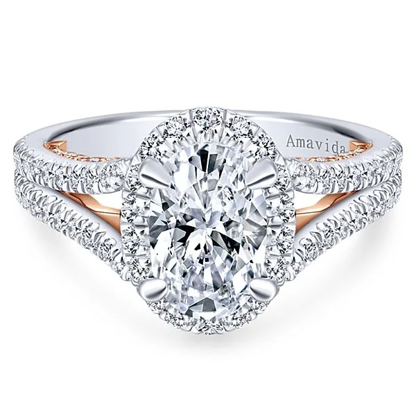 18k White/Rose Gold Oval Halo Diamond Engagement Ring