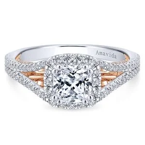 18k White/Rose Gold Cushion Cut Halo Diamond Engagement Ring