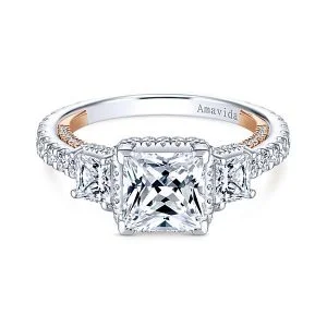 18k White/Rose Gold Princess Cut 3 Stones Halo Diamond Engagement Ring