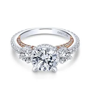 18k White/Rose Gold Round 3 Stones Halo Diamond Engagement Ring