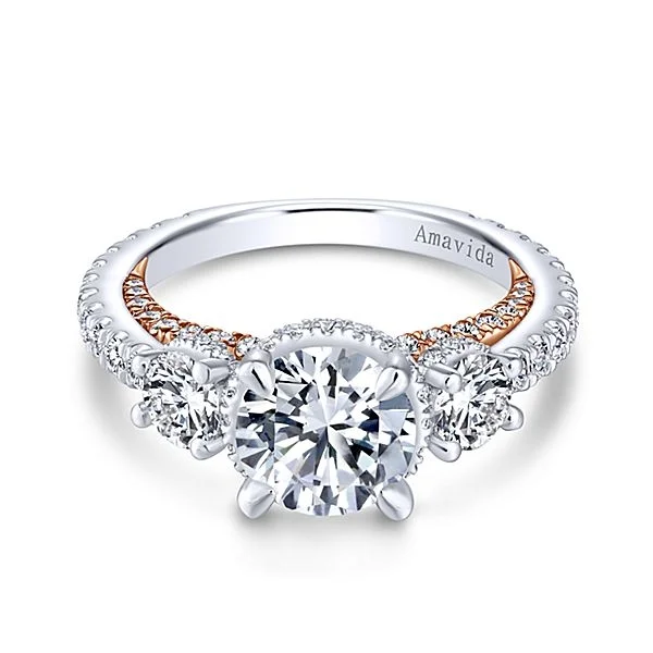18k White/Rose Gold Round 3 Stones Halo Diamond Engagement Ring