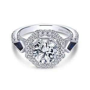 Vintage 18k White Gold Round 3 Stones Halo Diamond A Quality Sapphire Engagement Ring