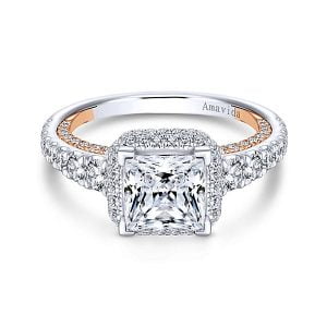 18k White/Rose Gold Princess Cut Double Halo Diamond Engagement Ring