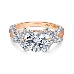18k White/Rose Gold Round Twisted Diamond Engagement Ring