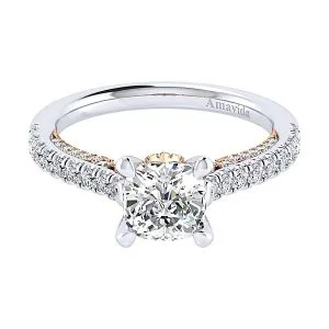18k White/Rose Gold Cushion Cut Straight Diamond Engagement Ring