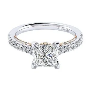 18k White/Rose Gold Princess Cut Straight Diamond Engagement Ring