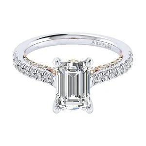18k White/Rose Gold Emerald Cut Straight Diamond Engagement Ring