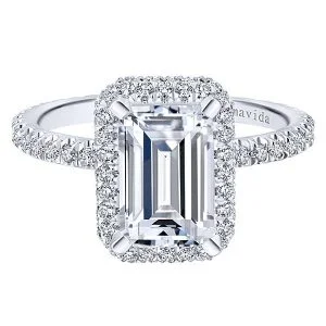 18k White Gold Emerald Cut Double Halo Diamond Engagement Ring