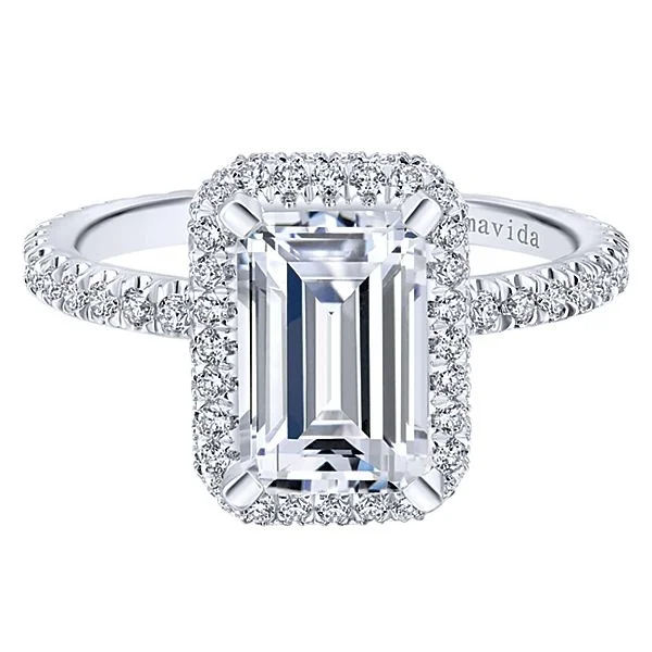 18k White Gold Emerald Cut Double Halo Diamond Engagement Ring