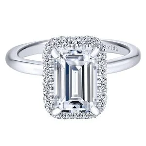 18k White Gold Emerald Cut Double Halo Diamond Engagement Ring
