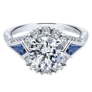 18k White Gold Round 3 Stones Halo Diamond A Quality Sapphire Engagement Ring