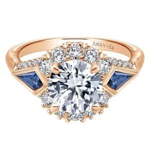 18k Rose Gold Round Halo Diamond A Quality Sapphire Engagement Ring