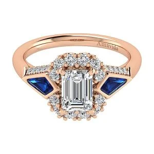 18k Rose Gold Emerald Cut Halo Diamond A Quality Sapphire Engagement Ring