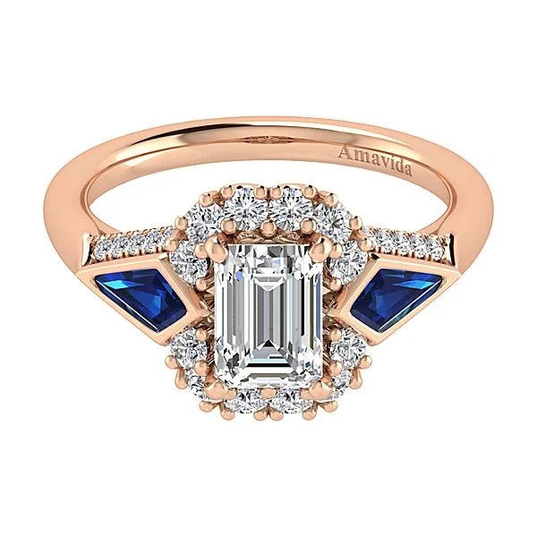 18k Rose Gold Emerald Cut Halo Diamond A Quality Sapphire Engagement Ring