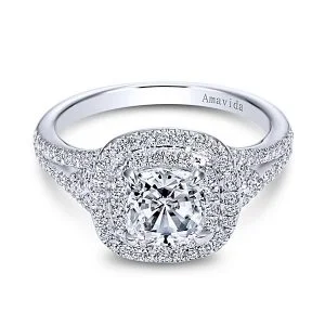 18k White Gold Cushion Cut Double Halo Diamond Engagement Ring