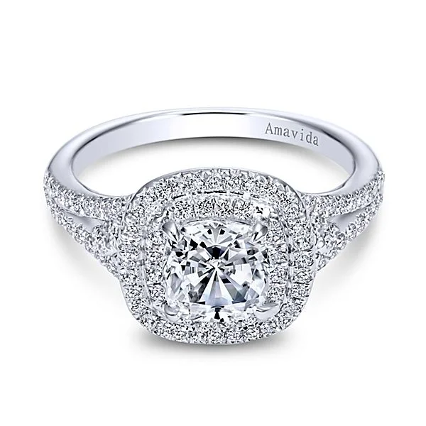 18k White Gold Cushion Cut Double Halo Diamond Engagement Ring