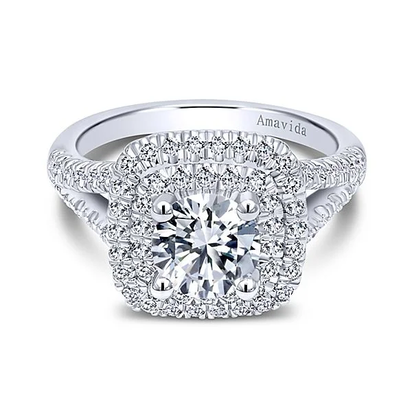 18k White Gold Round Double Halo Diamond Engagement Ring