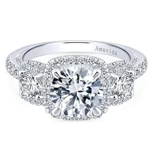 18k White Gold Round 3 Stones Halo Diamond Engagement Ring