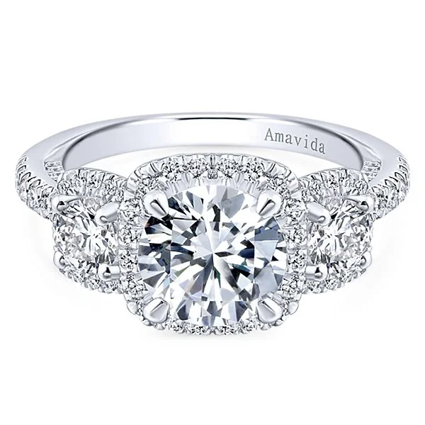 18k White Gold Round 3 Stones Halo Diamond Engagement Ring