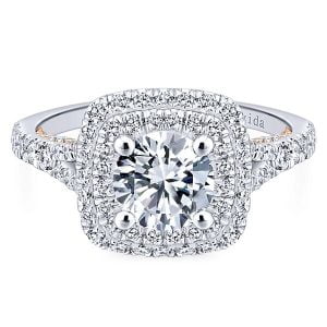 18k White/Rose Gold Round Double Halo Diamond Engagement Ring