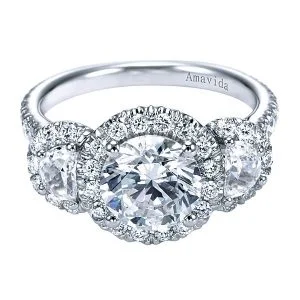 18k White Gold Round 3 Stones Halo Diamond Engagement Ring