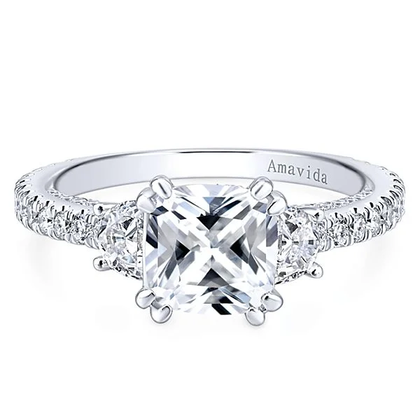 18k White Gold Cushion Cut 3 Stones Diamond Engagement Ring