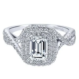 18k White Gold Amavida Emerald Cut Double Halo Diamond Engagement Ring