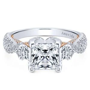 18k White/Rose Gold Princess Cut 3 Stones Diamond Engagement Ring
