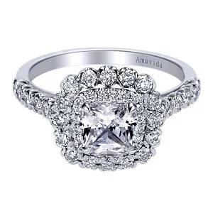18k White Gold Amavida Cushion Cut Double Halo Diamond Engagement Ring