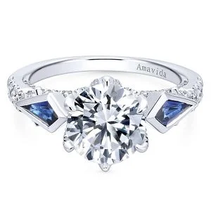 18k White Gold Round 3 Stones Diamond A Quality Sapphire Engagement Ring
