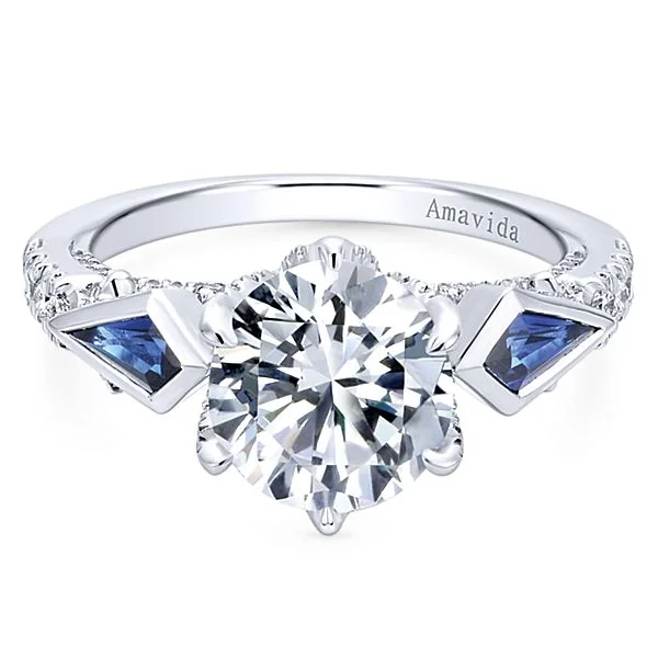 18k White Gold Round 3 Stones Diamond A Quality Sapphire Engagement Ring