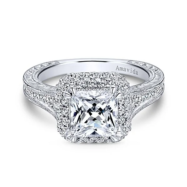 Vintage 18k White Gold Princess Cut Double Halo Diamond Engagement Ring