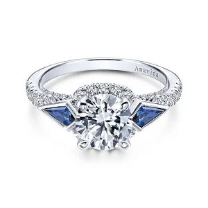 18k White Gold Round 3 Stones Halo Diamond A Quality Sapphire Engagement Ring