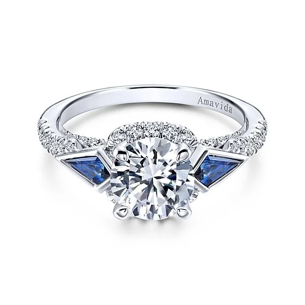 18k White Gold Round 3 Stones Halo Diamond A Quality Sapphire Engagement Ring