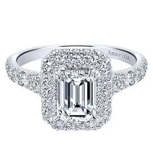 18k White Gold Amavida Emerald Cut Double Halo Diamond Engagement Ring