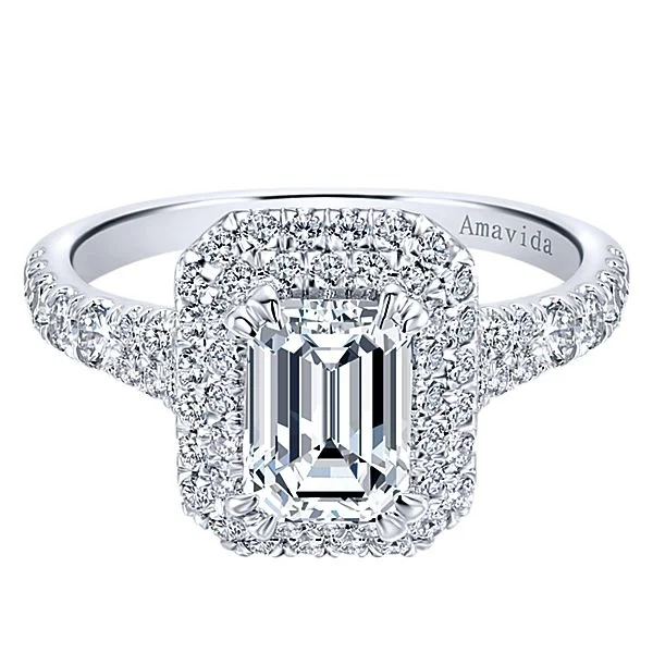 18k White Gold Amavida Emerald Cut Double Halo Diamond Engagement Ring