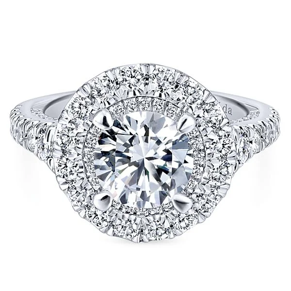 18k White Gold Round Double Halo Diamond Engagement Ring